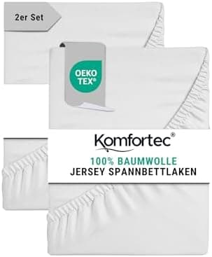 Komfortec Spannbettlaken 90x200 cm Jersey-Baumwolle – OEKO-TEX® Standard 100, Rundumgummizug für perfekte Passform, Weiß