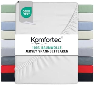 Komfortec Spannbettlaken 90x200 cm Jersey-Baumwolle – OEKO-TEX® Standard 100, Rundumgummizug für perfekte Passform, Weiß