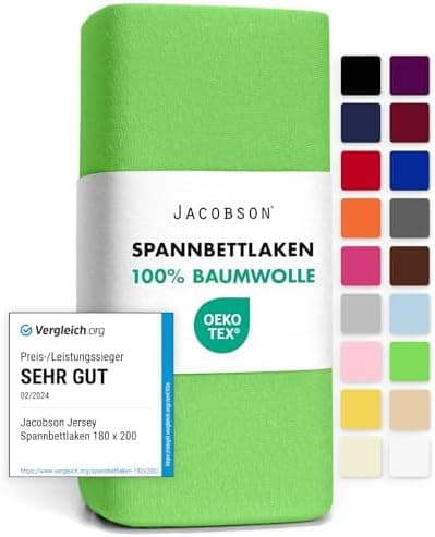 Jacobson Jersey-Spannbettlaken aus Baumwolle – OEKO-TEX STANDARD 100, 180x200–200x200 cm, Weiß