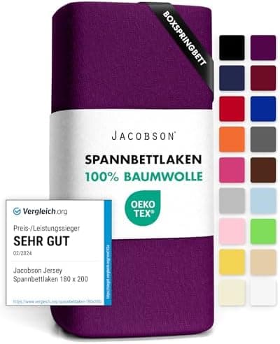 Jacobson Jersey-Spannbettlaken aus Baumwolle – OEKO-TEX STANDARD 100, 180x200–200x200 cm, Weiß