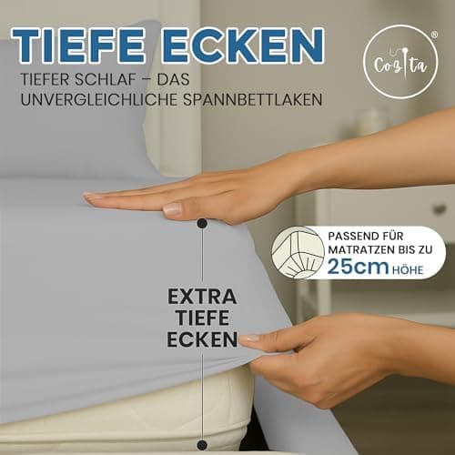 Spannbettlaken 90x200 cm – 100% Baumwoll‑Jersey, Tiefes Laken bis 25 cm – Weiß