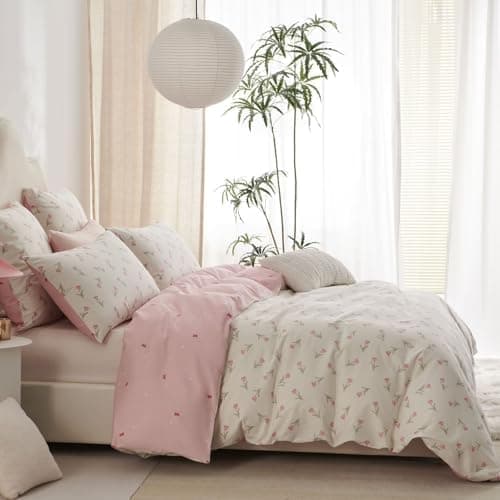 Freyamy Bettwäsche 135x200 cm – 2‑teilig Baumwolle, Floral (Weiß/Rosa/Grün) inkl. Kissenbezug 80x80 cm