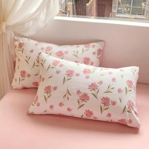 Bettwäsche 135x200 Blumen – Mikrofaser Renforcé, weich & pflegeleicht, Weiß/Rosa Aesthetic Wendebettwäsche 2-teilig mit