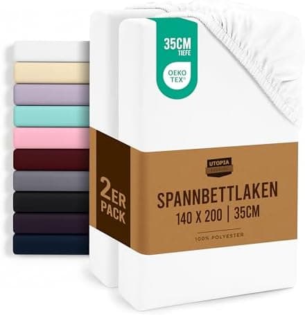 Utopia Bedding 2er-Set Spannbettlaken 140 x 200 cm – OEKO-TEX MADE IN GREEN zertifiziert – 35 cm Tiefe Tasche