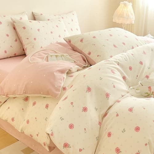 Freyamy Bettwäsche 135x200 cm – 2‑teilig Baumwolle, Floral (Weiß/Rosa/Grün) inkl. Kissenbezug 80x80 cm