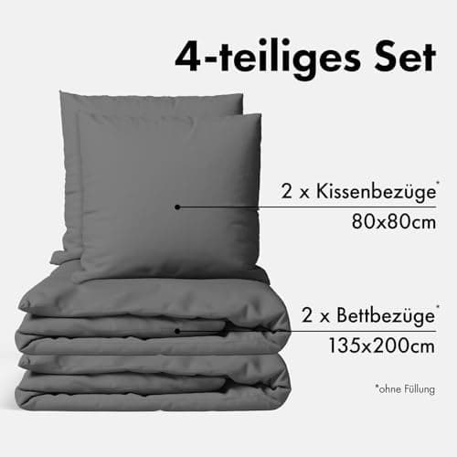 JACOBSON Bettwäsche 135x200 – 100% Baumwolle Perkal, OEKO‑TEX, 2‑teilig (135x200 + 80x80) mit Reißverschluss, Anthrazit
