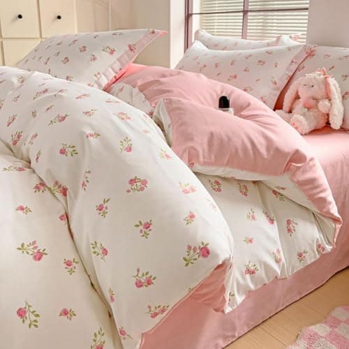 Bettwäsche 135x200 Blumen – Mikrofaser Renforcé, weich & pflegeleicht, Weiß/Rosa Aesthetic Wendebettwäsche 2-teilig mit