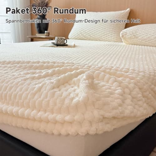 Frottee-Teddyfell Spannbettlaken – Warmes, weiches Winter-Spannbettlaken, 360° rundum elastisch inkl. Kissenbezug (90×20