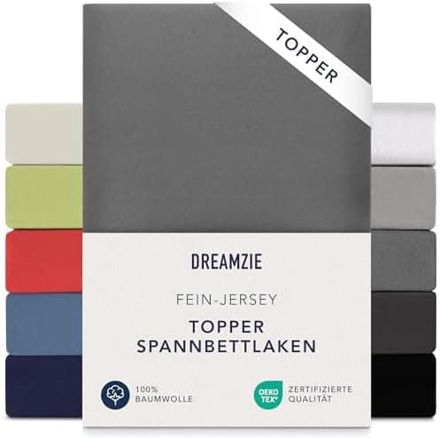 Dreamzie Topper-Spannbettlaken 180×200–200×200 cm – Jersey-Baumwolle 150 g/m², OEKO‑TEX STANDARD 100, extra niedrige Sei