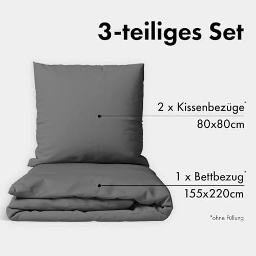 JACOBSON Bettwäsche 135x200 – 100% Baumwolle Perkal, OEKO‑TEX, 2‑teilig (135x200 + 80x80) mit Reißverschluss, Anthrazit