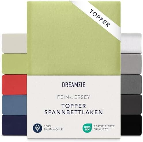 Dreamzie Topper-Spannbettlaken 180×200–200×200 cm – Jersey-Baumwolle 150 g/m², OEKO‑TEX STANDARD 100, extra niedrige Sei