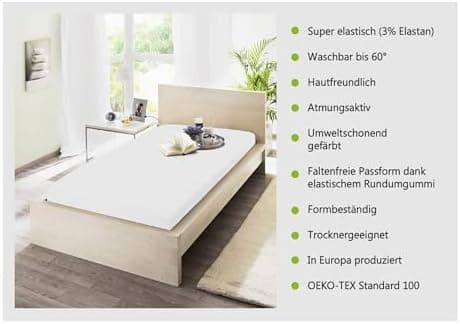 Spannbettuch Jersey mit Elasthan – 97% Baumwolle / 3% Elasthan, elastisches Spannbettlaken Weiß (90–100 × 200–220 cm)