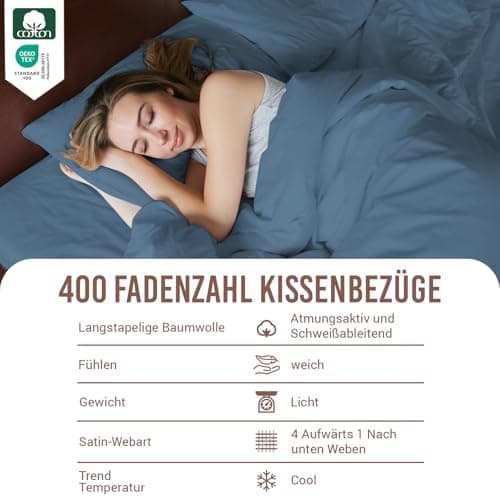 Pizuna Kissenbezüge 2er-Pack 40 x 80 cm Dunkelblau – 100% Langstapel-Baumwolle, 400 Fadenzahl