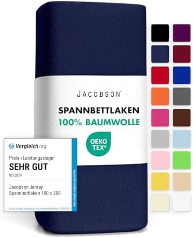 Jacobson Jersey-Spannbettlaken aus Baumwolle – OEKO-TEX STANDARD 100, 180x200–200x200 cm, Weiß