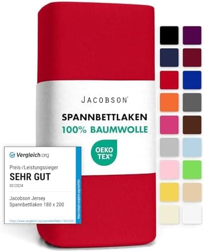 Jacobson Jersey-Spannbettlaken aus Baumwolle – OEKO-TEX STANDARD 100, 180x200–200x200 cm, Weiß
