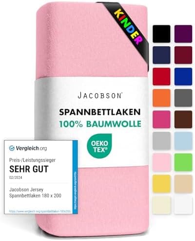 Jacobson Jersey-Spannbettlaken aus Baumwolle – OEKO-TEX STANDARD 100, 180x200–200x200 cm, Weiß
