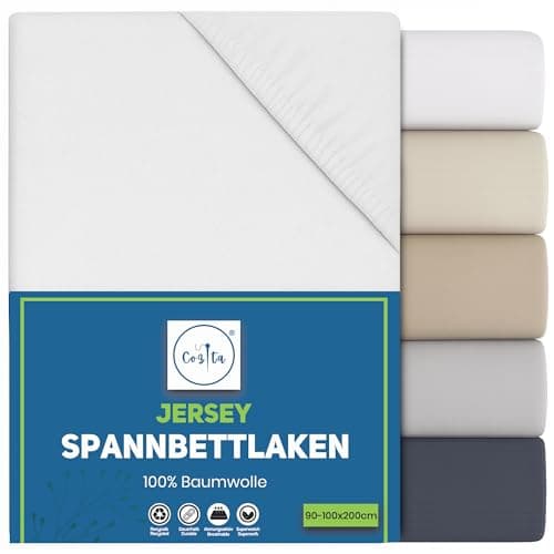 Spannbettlaken 90x200 cm – 100% Baumwoll‑Jersey, Tiefes Laken bis 25 cm – Weiß