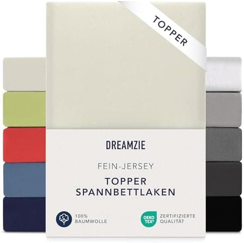 Dreamzie Topper-Spannbettlaken 180×200–200×200 cm – Jersey-Baumwolle 150 g/m², OEKO‑TEX STANDARD 100, extra niedrige Sei
