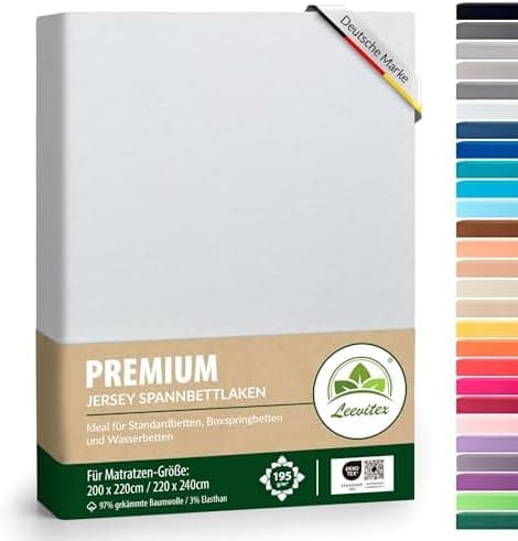 Premium Spannbettlaken – 97% Mako-Jersey-Baumwolle, 3% Elasthan | Boxspringbett-geeignet 90×200–100×220 cm
