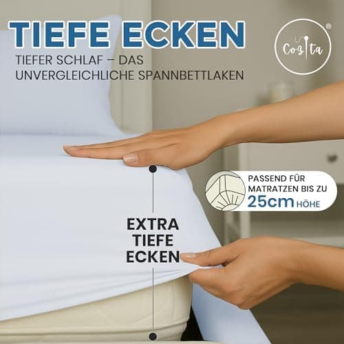 Spannbettlaken 90x200 cm – 100% Baumwoll‑Jersey, Tiefes Laken bis 25 cm – Weiß
