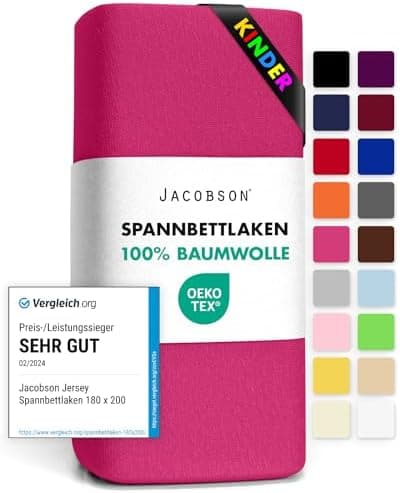 Jacobson Jersey-Spannbettlaken aus Baumwolle – OEKO-TEX STANDARD 100, 180x200–200x200 cm, Weiß