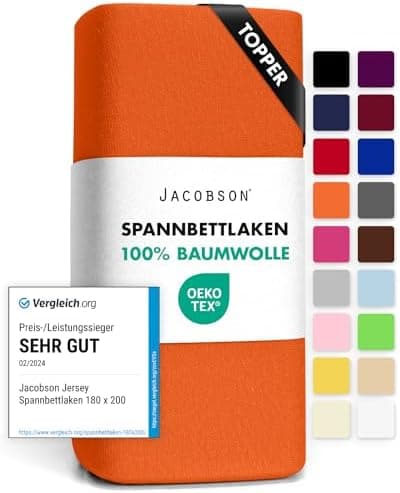 Jacobson Jersey-Spannbettlaken aus Baumwolle – OEKO-TEX STANDARD 100, 180x200–200x200 cm, Weiß