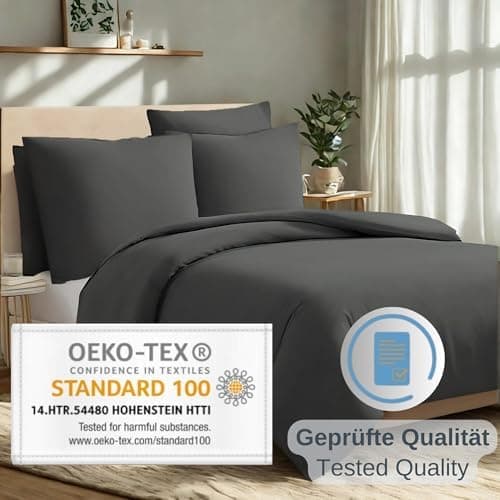 Komfortec Bettwäsche 2‑teilig (Bettbezug 155x220 + Kissenbezug 80x80) – superweiche gebürstete 100% Mikrofaser, Grau, OE