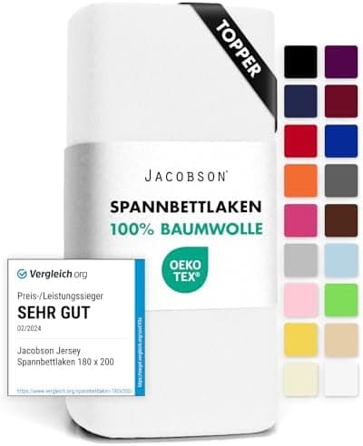 Jacobson Jersey-Spannbettlaken aus Baumwolle – OEKO-TEX STANDARD 100, 180x200–200x200 cm, Weiß