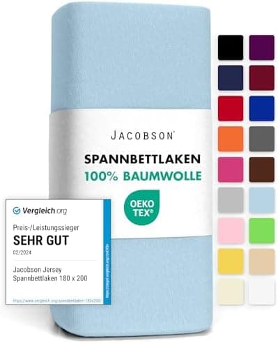 Jacobson Jersey-Spannbettlaken aus Baumwolle – OEKO-TEX STANDARD 100, 180x200–200x200 cm, Weiß