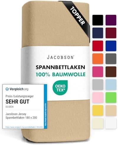Jacobson Jersey-Spannbettlaken aus Baumwolle – OEKO-TEX STANDARD 100, 180x200–200x200 cm, Weiß