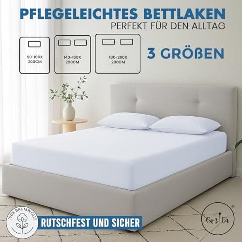 Spannbettlaken 90x200 cm – 100% Baumwoll‑Jersey, Tiefes Laken bis 25 cm – Weiß