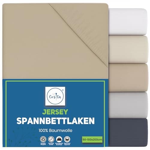 Spannbettlaken 90x200 cm – 100% Baumwoll‑Jersey, Tiefes Laken bis 25 cm – Weiß