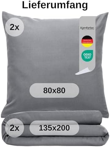 Komfortec Bettwäsche 2‑teilig (Bettbezug 155x220 + Kissenbezug 80x80) – superweiche gebürstete 100% Mikrofaser, Grau, OE