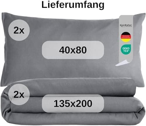 Komfortec Bettwäsche 2‑teilig (Bettbezug 155x220 + Kissenbezug 80x80) – superweiche gebürstete 100% Mikrofaser, Grau, OE