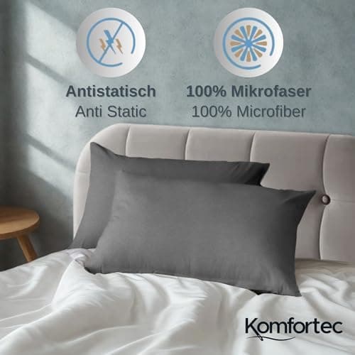 Komfortec Bettwäsche 2‑teilig (Bettbezug 155x220 + Kissenbezug 80x80) – superweiche gebürstete 100% Mikrofaser, Grau, OE