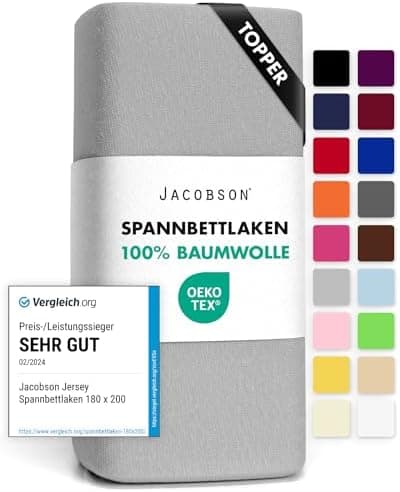 Jacobson Jersey-Spannbettlaken aus Baumwolle – OEKO-TEX STANDARD 100, 180x200–200x200 cm, Weiß