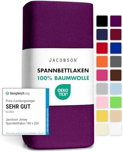 Jacobson Jersey-Spannbettlaken aus Baumwolle – OEKO-TEX STANDARD 100, 180x200–200x200 cm, Weiß