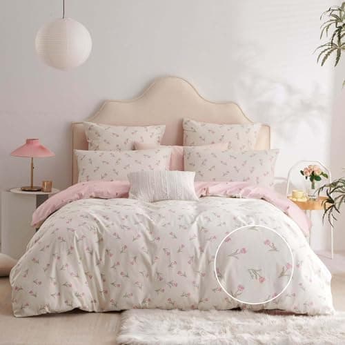 Freyamy Bettwäsche 135x200 cm – 2‑teilig Baumwolle, Floral (Weiß/Rosa/Grün) inkl. Kissenbezug 80x80 cm