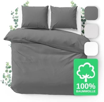JACOBSON Bettwäsche 135x200 – 100% Baumwolle Perkal, OEKO‑TEX, 2‑teilig (135x200 + 80x80) mit Reißverschluss, Anthrazit
