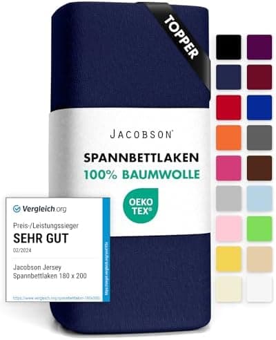 Jacobson Jersey-Spannbettlaken aus Baumwolle – OEKO-TEX STANDARD 100, 180x200–200x200 cm, Weiß