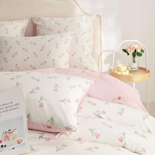 Freyamy Bettwäsche 135x200 cm – 2‑teilig Baumwolle, Floral (Weiß/Rosa/Grün) inkl. Kissenbezug 80x80 cm