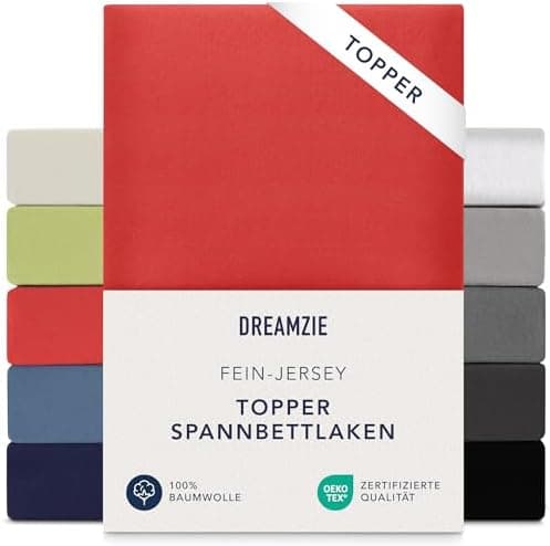 Dreamzie Topper-Spannbettlaken 180×200–200×200 cm – Jersey-Baumwolle 150 g/m², OEKO‑TEX STANDARD 100, extra niedrige Sei