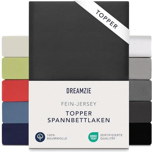 Dreamzie Topper-Spannbettlaken 180×200–200×200 cm – Jersey-Baumwolle 150 g/m², OEKO‑TEX STANDARD 100, extra niedrige Sei