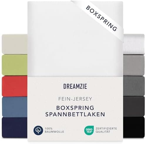 Dreamzie Topper-Spannbettlaken 180×200–200×200 cm – Jersey-Baumwolle 150 g/m², OEKO‑TEX STANDARD 100, extra niedrige Sei