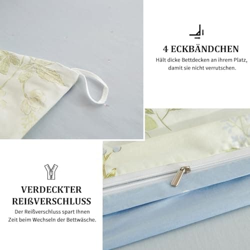 Freyamy Bettwäsche 135x200 cm – 2‑teilig Baumwolle, Floral (Weiß/Rosa/Grün) inkl. Kissenbezug 80x80 cm