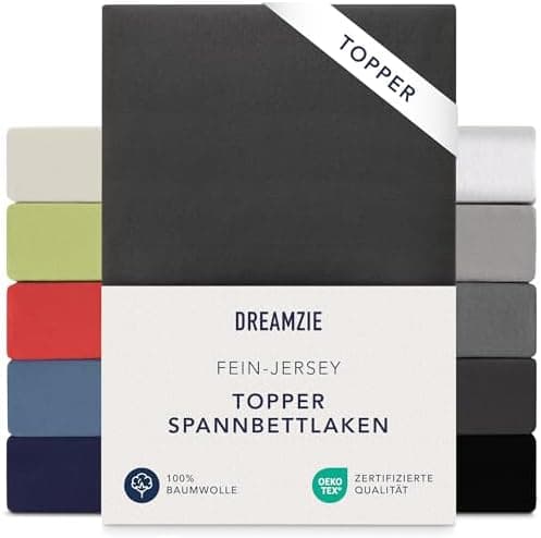 Dreamzie Topper-Spannbettlaken 180×200–200×200 cm – Jersey-Baumwolle 150 g/m², OEKO‑TEX STANDARD 100, extra niedrige Sei