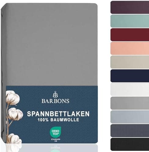 BARBONS Spannbettlaken 140x200 cm – 100% Baumwolle Jersey, für Boxspringbett & Matratzen bis 27 cm – Hellgrau