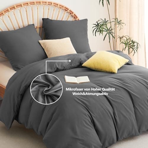 WAVVE Bettwäsche 135x200 – 4‑teiliges Mikrofaser‑Set Anthrazit (inkl. 2×80×80 cm Kissenbezüge) mit Reißverschluss, OEKO‑