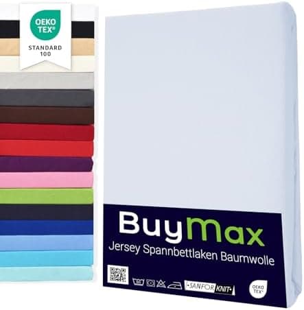 Buymax® Spannbettlaken 100x200 cm – 100% Baumwolle (Jersey), für Matratzen bis 25 cm, OEKO-TEX® Weiß