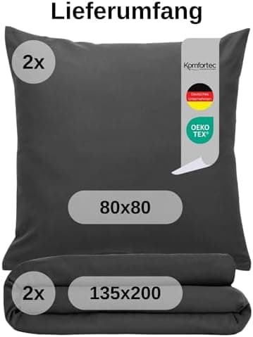 Komfortec Bettwäsche 2‑teilig (Bettbezug 155x220 + Kissenbezug 80x80) – superweiche gebürstete 100% Mikrofaser, Grau, OE